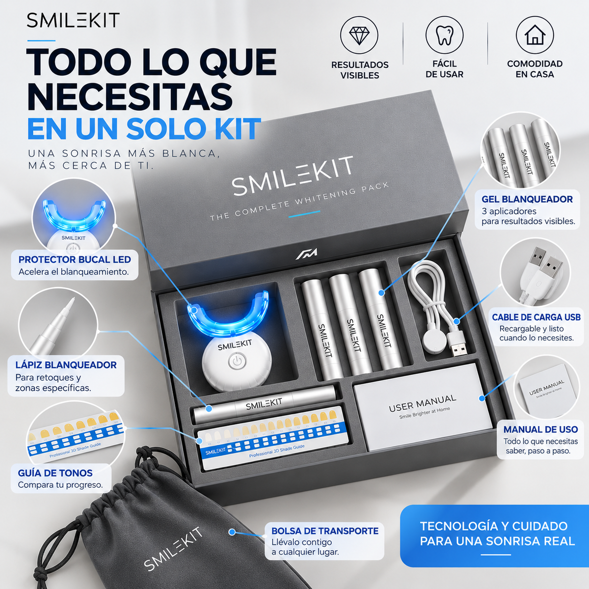 SMILEKIT - Sistema Avanzado de Blanqueamiento Dental – 4 Aplicadores de Gel
